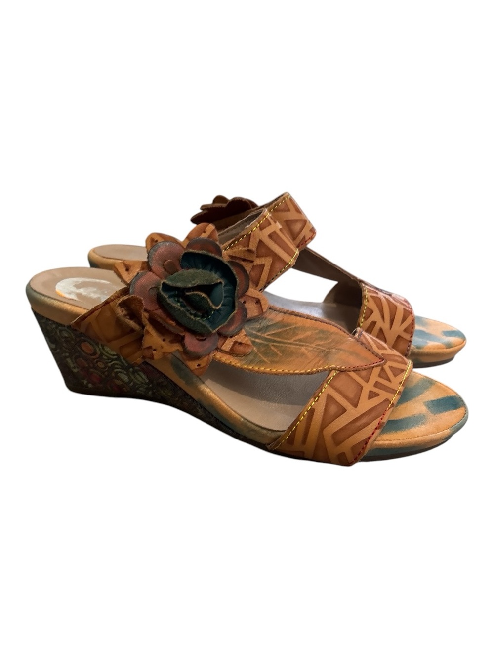 L'Artiste by Spring Step Shayla Leather Wedge Sandals Floral Boho 41 (US 9.5-10)